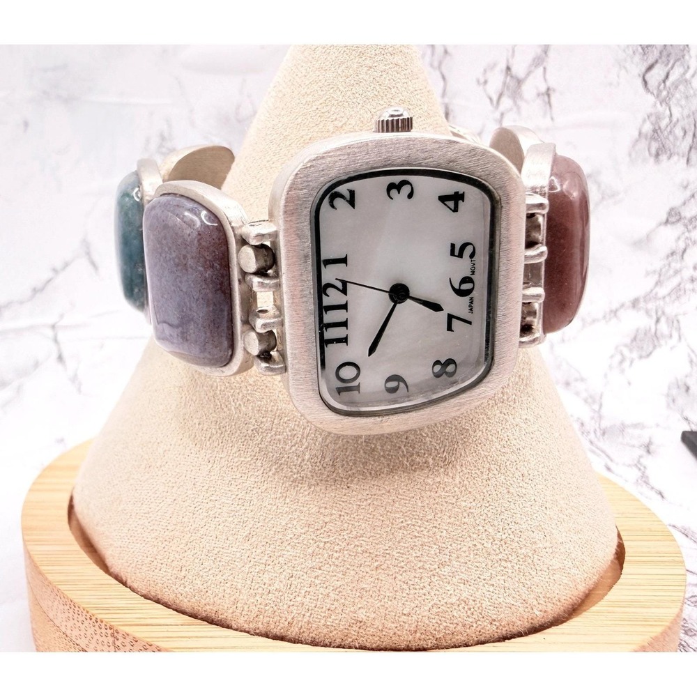 Coldwater Creek Natural Stone Bracelet Watch Multicolor Silver Tone 7"